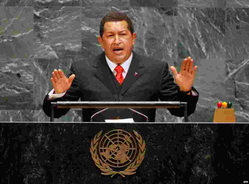 Hugo Chavez ante la 61 Asamblea General de Naciones Unidas en la sede de Naciones Unidas en Nueva York, Estados Unidos.